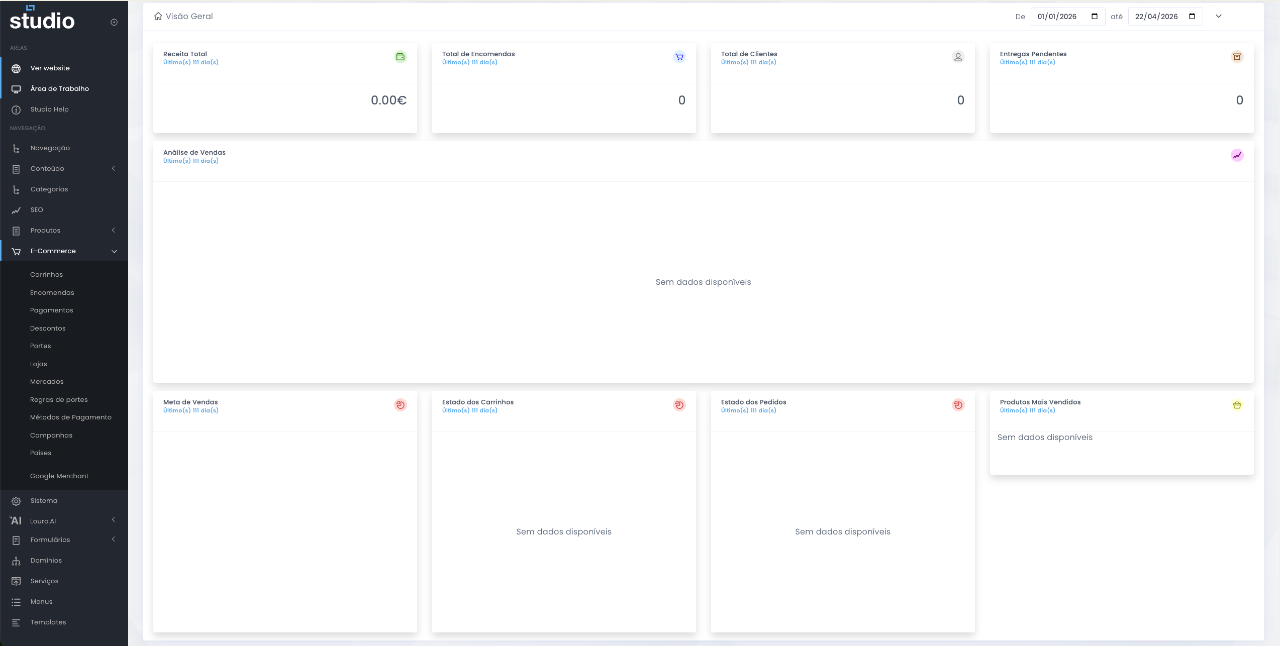 Dashboard de vendas da área de E-commerce no Studio CMS